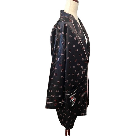 DISNEY Minnie Mouse Satin Kimono Robe Women's S Embroidered Pockets Black Pink - Picture 3 of 11